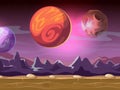 Cartoon alien fantastic landscape with moons and planets on starry sky for computer game background