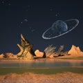 Cartoon alien landscape with stalagmites and cosmic universe. Royalty Free Stock Photo