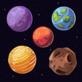Cartoon alien planets, moons asteroid on space background Royalty Free Stock Photo