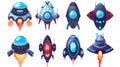 Cartoon alien spaceship game modern icon set. UFO shuttle cute fantasy illustration. Transportation for cosmos flight Royalty Free Stock Photo