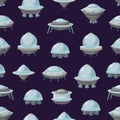 Cartoon Alien Spaceship or Ufo Ship Seamless Pattern Background. Vector Royalty Free Stock Photo