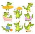 Cartoon alligator. Cool green crocodile surfer and diver, takes bath and skateboarding. Mascot in different activities