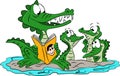 Cartoon alligator mother reading stories to her children vector illustration