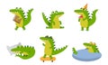 Green Crocodiles With Different Emotions In Various Poses Vector Illustrations Cartoon Character