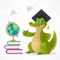 Cartoon alligtor mascot in graduate hat standing near book pack and globe. Student crocodile saying Hi to children Royalty Free Stock Photo