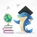 Cartoon alligtor mascot in graduate hat standing near book pack and globe. Student crocodile saying Hi to children Royalty Free Stock Photo