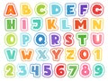 Cartoon alphabet. Cute colored letters numbers signs and symbols for school kids and childrens vector funny font