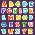 Cartoon alphabet with emotions. Colored cute font characters letters symbols signs and numbers vector alphabet for