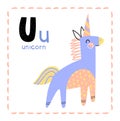 Cartoon Alphabet letter U for Unicorn for teaching