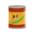 Cartoon aluminum can with kidney beans. Food conservation. Natural canned product. Ingredient for cooking. Flat vector