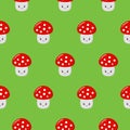 Cartoon Amanita muscaria fly agaric mushroom seamless pattern. Wild forest cute mushrooms vector illustration. Royalty Free Stock Photo