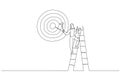 Cartoon of ambitious businesswoman on ladder using paint roller to paint big dartboard, archery target. One continuous line art