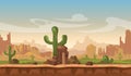 Cartoon america prairie desert landscape with cactus, hills and mountains. game seamless vector background