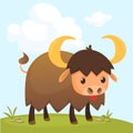 Cartoon american bull buffalo, ox, bison gazing on meadow. Colorful book page for kids and children.