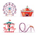 cartoon amusement park attractions set.