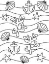 Cute cartoon anchor, seashell, red coral and starfish black and white vector illustration for coloring art Royalty Free Stock Photo