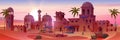 Cartoon ancient arab city in desert at sunset
