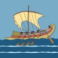 Cartoon ancient greek ship with rowers at sea