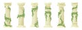 Cartoon ancient roman pillars. Antique ivy-covered classic greek columns with climbing ivy branches flat vector illustration set Royalty Free Stock Photo