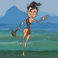 Cartoon ancient woman running with a stone hammer in hand