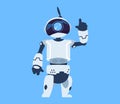 Cartoon android. Cute robot waving hand. Futuristic automatic robotic toy or cyber bot of artificial intelligence