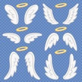 Cartoon angel wings. Holy angelic nimbus and angels wing. Flying winged angeles vector illustration set Royalty Free Stock Photo