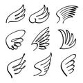 Cartoon angel wings vector set. Sketch doodle winged abstract emblems isolated on white background Royalty Free Stock Photo