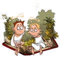 Cartoon angels in plants are sitting on a great book