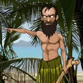 Cartoon angry bearded man on a tropical island