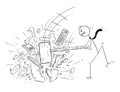 Cartoon of Angry Businessman Destroying Office Computer by Large Sledgehammer or Hammer