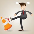 Cartoon angry businessman kicking cone