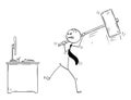 Cartoon of Angry Businessman Ready to Destroy Office Computer by Large Sledgehammer or Hammer