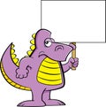 Cartoon angry dinosaur holding a sign.