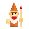 Cartoon angry dwarf holding staff in his hands. Fairy tale, fantastic, magical colorful character