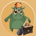 Cartoon angry green bear with a suitcase and a shovel