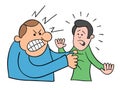 Cartoon angry man grabs man`s collar, vector illustration