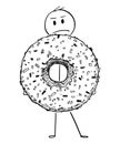 Cartoon of Angry Man Holding Big Donut or Doughnut Dessert