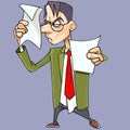 Cartoon angry man in suit with tie strictly looking at papers Royalty Free Stock Photo