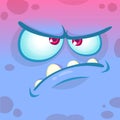 Cartoon angry monster face. Vector Halloween blue monster emotion avatar.