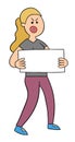 Cartoon angry protester woman holding sign and walking, vector illustration