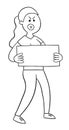 Cartoon angry protester woman holding sign and walking, vector illustration