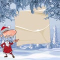 Cartoon angry Santa Claus points with his finger on an empty sheet in a winter forest