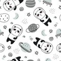 Cartoon animal background for kids Seamless pattern with pandas floating in space and stars. Hand drawn design in children`s style Royalty Free Stock Photo