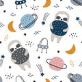 Cartoon animal background for kids Seamless pattern with sloth floating in space and stars. Kids style hand drawn design. Royalty Free Stock Photo