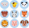 Cartoon animal, bird round stickers, avatars. Flat style vector illustrations clipart collection of cute animals