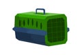 Cartoon animal carrier. Pet transportation box. Isolated green container with grid. Domestic cat or dog accessory