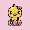 Cute cartoon animal chick girl character holding lots of easter eggs