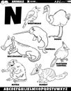 cartoon animal characters for letter N set coloring page