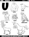 cartoon animal characters for letter U set coloring page