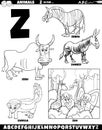 cartoon animal characters for letter Z set coloring page